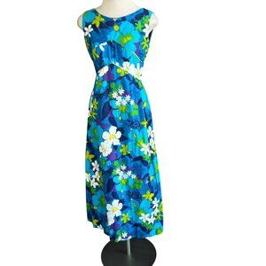 Penneys Hawaii Vintage 60s Blue Floral Empire Waist Maxi Tiki Dress